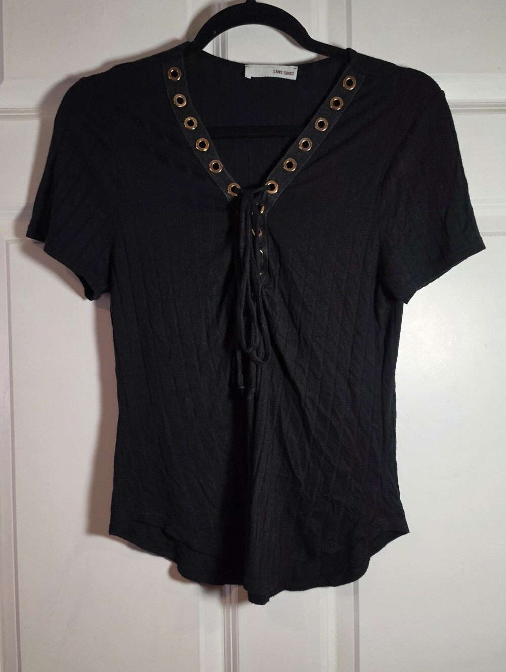 Sans Souci Black Lace-Up Short Sleeve Top Approx 16in P2P 24in Length